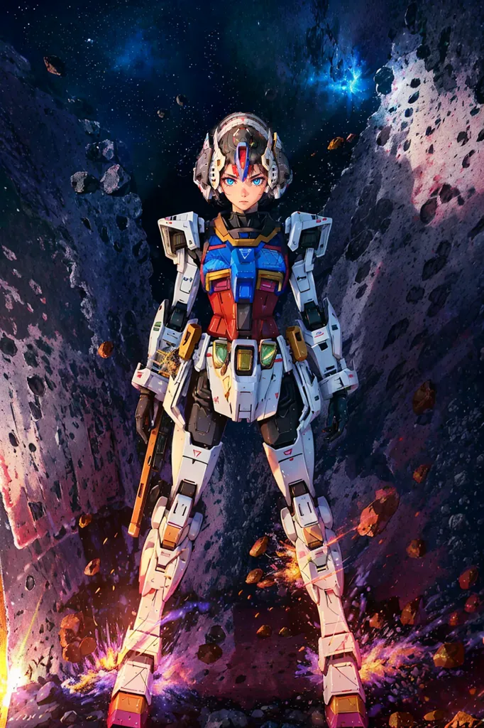 The image is of a young woman with brown hair and blue eyes wearing a white and red mech suit. She is standing in a rocky canyon, with a large explosion behind her. She is holding a gun in her right hand and a shield in her left hand. The mech suit has the letters \