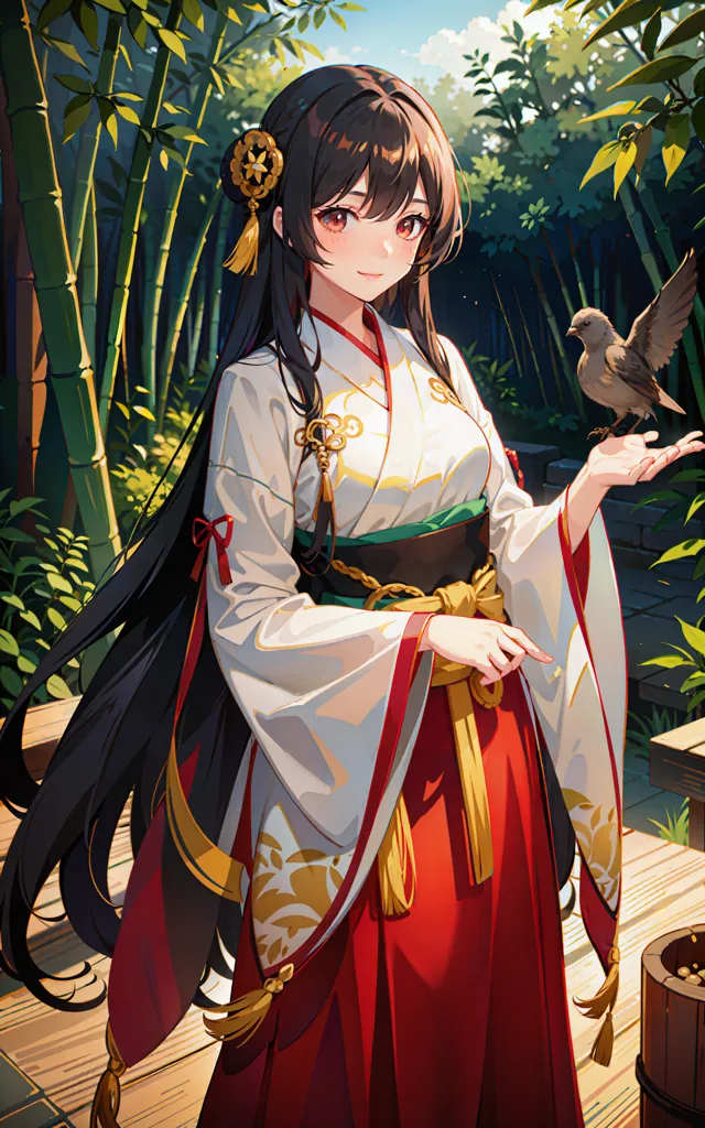 The image is of a young woman standing in a bamboo forest. She is wearing a traditional Japanese kimono with a red and white pattern. The woman has long black hair and brown eyes. She is smiling and holding a bird in her hand. The bird is perched on her finger and looking at her. The background of the image is a blur of green bamboo leaves.