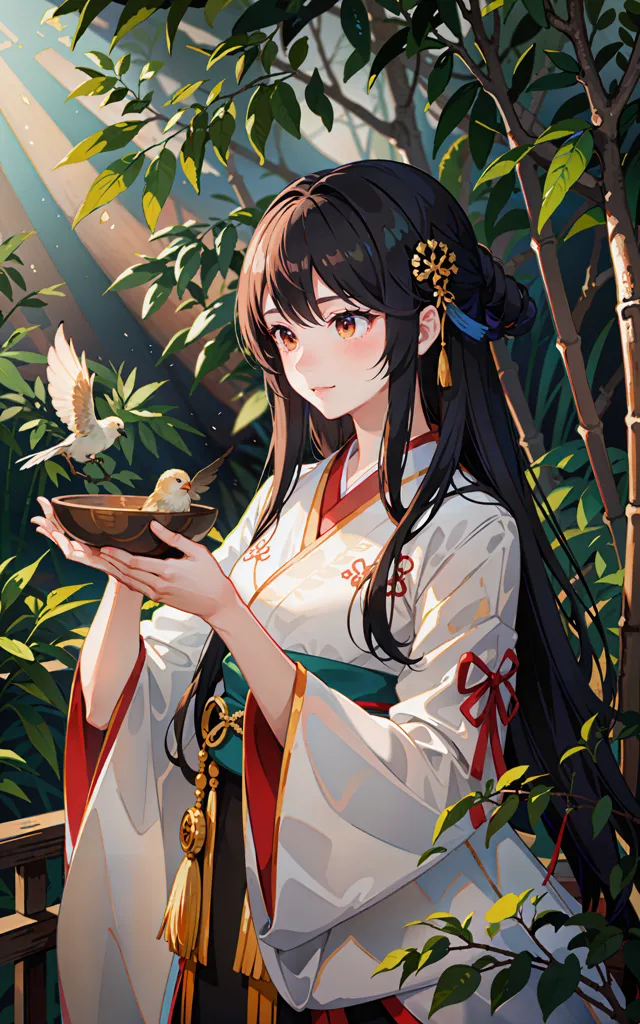 The picture shows a beautiful anime girl with long black hair in a white kimono with red and green details. She is standing in a lush green forest with a bowl in her hands. A bird is perched on the edge of the bowl, and she is looking at it with a gentle smile. The sun is shining through the trees, creating a dappled pattern on the ground.