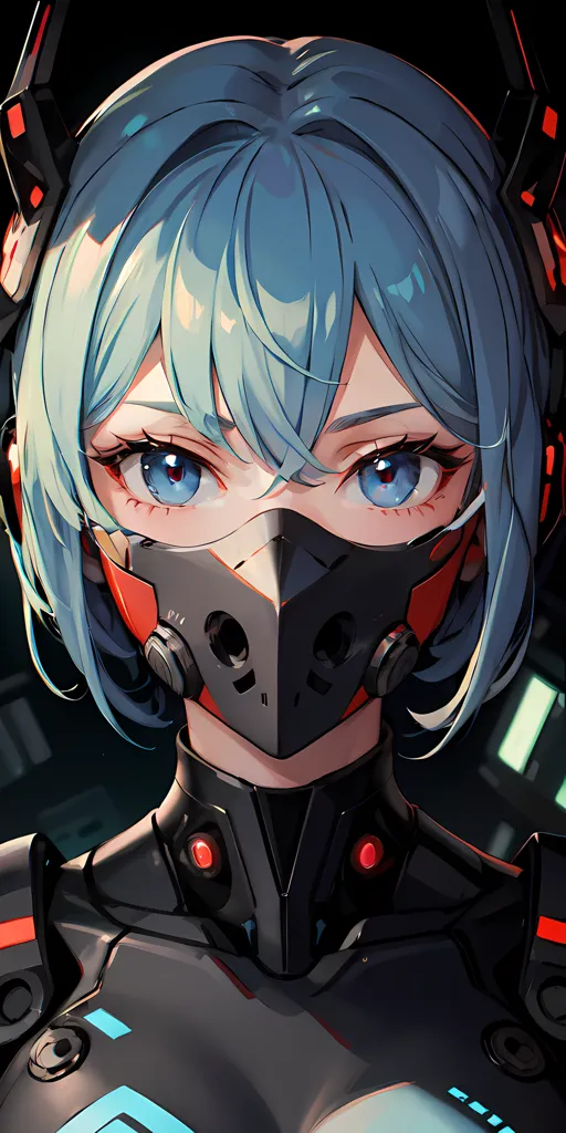 This is an image of a young woman with short blue hair and blue eyes. She is wearing a black and red mask and a black suit of armor. The image is set in a dark background.