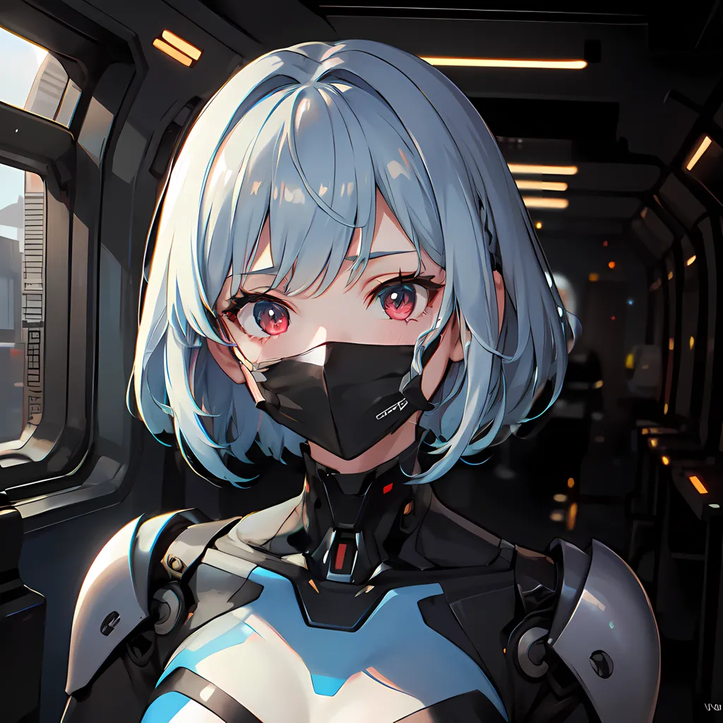 The image is a portrait of a young woman with short blue hair and red eyes. She is wearing a black mask and a white and blue bodysuit. The background is a dark spaceship with bright lights on the walls.