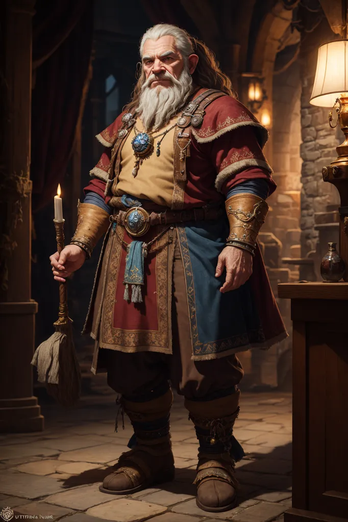 The image shows a male dwarf with long white hair and beard. He is wearing a red and gold robe with a white shirt and brown boots. He is holding a candle in his right hand and has a stern expression on his face. He is standing in a dark room with stone walls and a wooden table with a lamp on it.