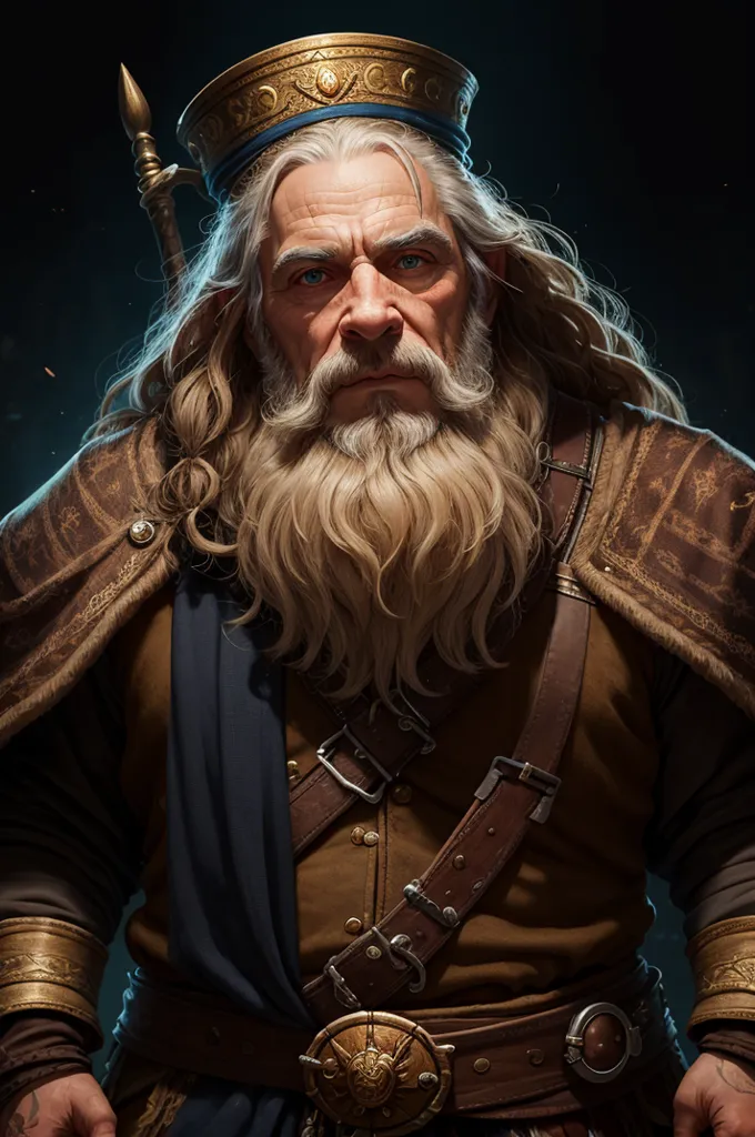 The image shows a man with long white hair and beard. He is wearing a brown leather jerkin with a blue sash and a gold crown. He has a stern expression on his face and is looking at the viewer. He is also wearing a sword belt with a golden buckle. He has a golden bracelet on his right wrist. In the background, there are two crossed spears behind his head.