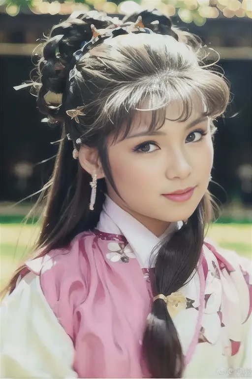 The picture shows a young woman in a pink and white costume. She has long black hair and is wearing a traditional Chinese headdress. The background is blurred, but it looks like she is in a garden. The woman is smiling and looks happy.