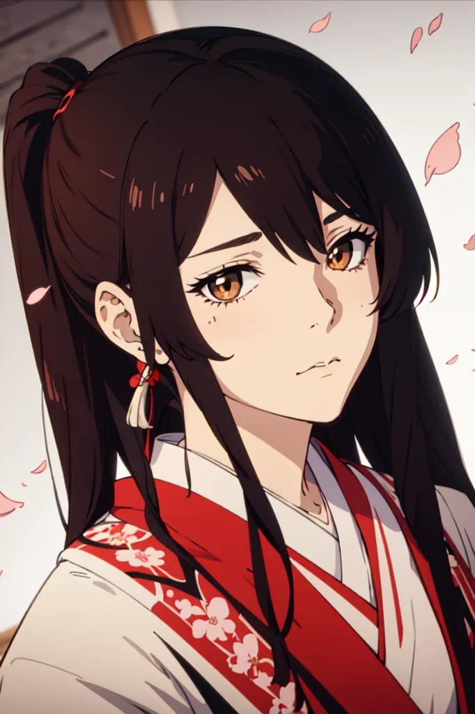 The image is a painting of a young woman with long black hair and brown eyes. She is wearing a red and white kimono with a white obi. Her hair is tied in a ponytail and she has a small red ribbon in her hair. She is standing in front of a white background with a few pink cherry blossoms falling around her. The painting is done in a realistic style and the woman's expression is serene.