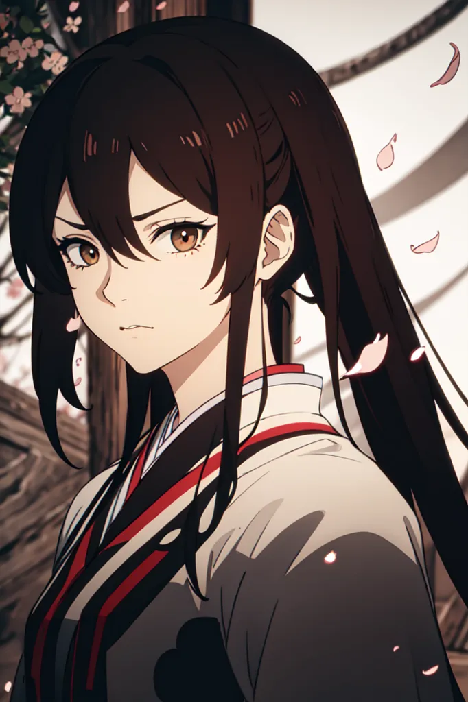 This image shows a young woman with long black hair tied in a ponytail. She is wearing a white kimono with a black and red obi. She has brown eyes and is looking at the viewer with a serious expression. There are pink cherry blossom petals falling around her.