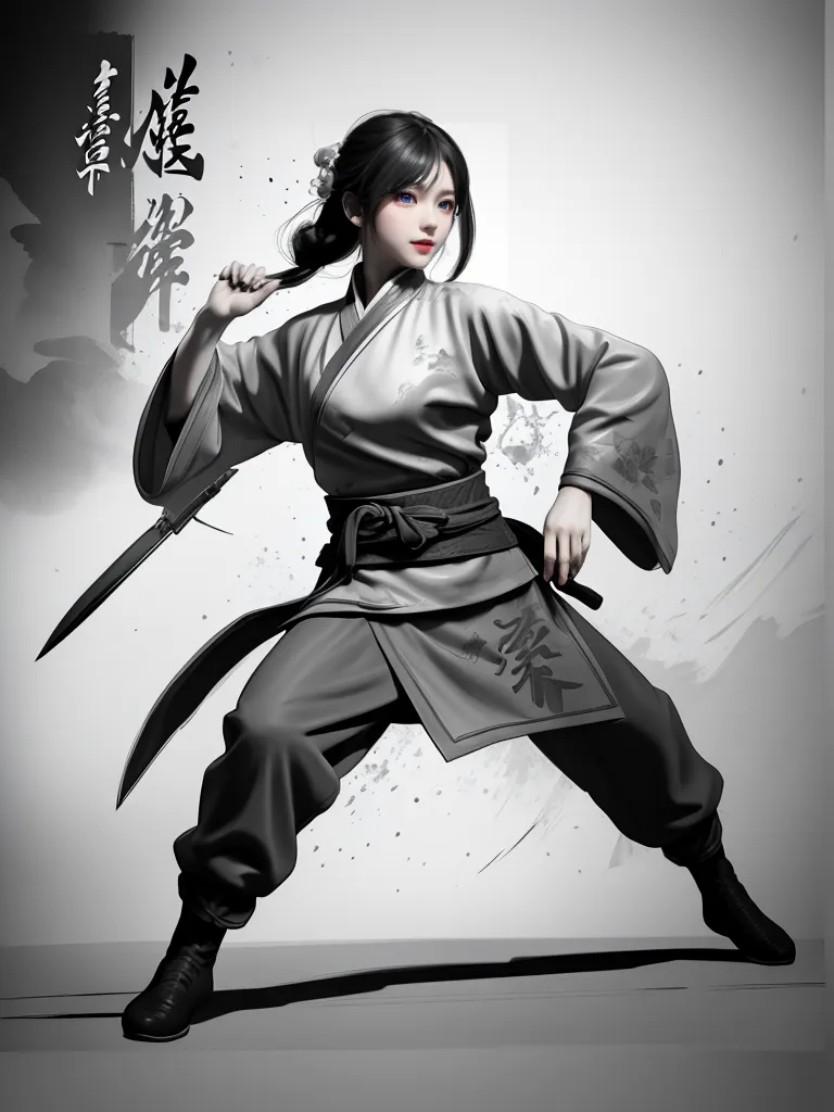 The image is of a young woman in a white and gray martial arts outfit. She has a sword in her right hand and is holding it in a ready position. She has a determined look on her face and is looking at the viewer. The background is white with a few gray ink splatters. The image is in a realistic style and the woman is depicted in a dynamic pose.