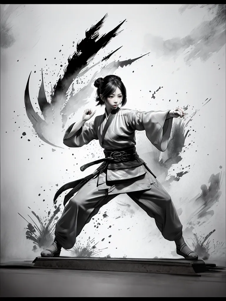 The image is a black and white painting of a young woman in a martial arts pose. She is wearing a white gi and a black belt. Her hair is in a bun and she has a determined expression on her face. The background is a splash of black and white ink.