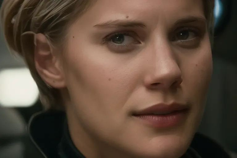 The image shows a close-up of a young woman's face. She has short blonde hair, brown eyes, and a fair complexion. She is wearing a dark-colored shirt with a high collar. The background is blurry, but it looks like she is in a spaceship or some other type of futuristic setting. The woman's expression is one of determination and focus. She seems to be looking at something or someone with great intensity. The image is well-lit, and the colors are vibrant. The overall effect is one of beauty and strength.