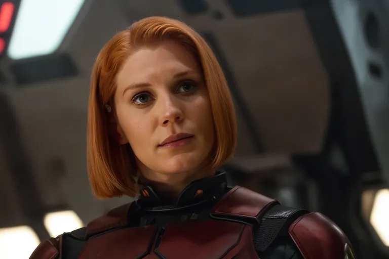 This is an image of an attractive young woman. She has short red hair and green eyes. She is wearing a red and black spacesuit with a high collar. She has a serious expression on her face. She is standing in front of a spaceship.