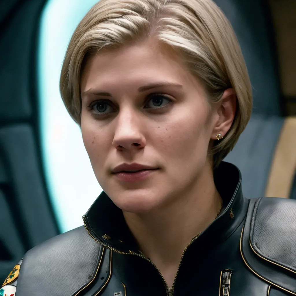 This is an image of a young woman with short blonde hair and blue eyes. She is wearing a black leather jacket with gold trim. She has a serious expression on her face. She is sitting in a spaceship and looking at something.