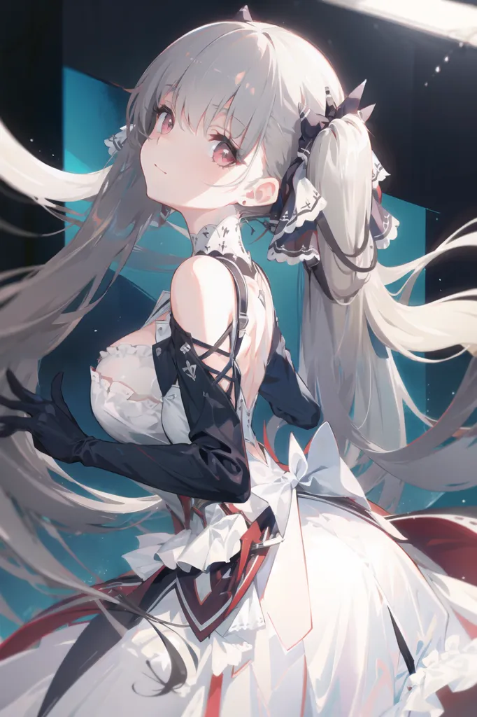 The image is a portrait of a young woman with long silver hair and red eyes. She is wearing a white dress with a black corset and a red bow. She is also wearing black gloves and has a black choker around her neck. The background is a light blue color with a white light shining down on her from the top left corner. The woman is smiling and looking at the viewer with her head tilted slightly to the right.