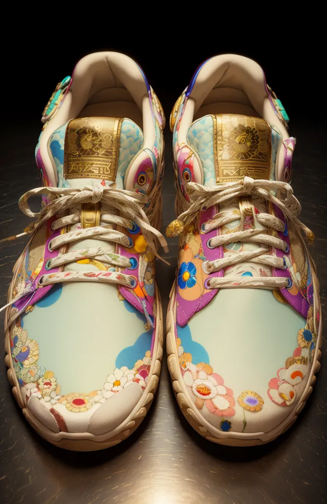 The image shows a pair of sneakers with a floral pattern. The sneakers are white with light blue and purple accents. The floral pattern is made up of small, colorful flowers. The sneakers are untied and the laces are white with gold tips. The soles of the sneakers are white and have a geometric pattern.