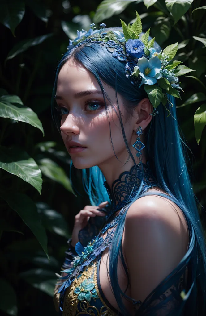 The picture shows a beautiful woman with long blue hair. She is wearing a blue dress with a white collar. There are blue and white flowers in her hair. She is standing in a forest, and there are green leaves all around her. The background is blurry, but it looks like there are trees in the distance.