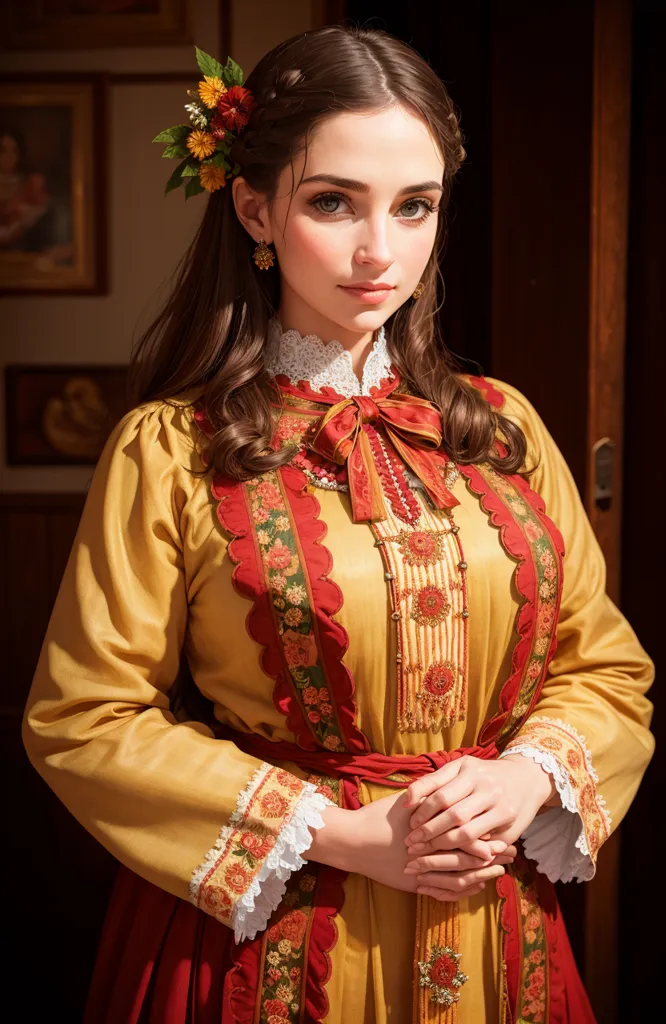 The image shows a young woman in a traditional Eastern European dress. She is wearing a yellow blouse with red and green embroidery, a red skirt, and a white apron. Her hair is long and brown, and she is wearing a wreath of flowers on her head. The background is a dark wood wall with a door.