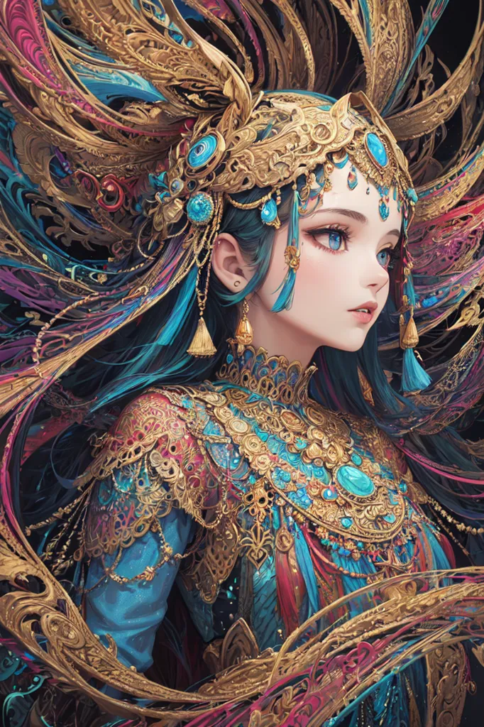 Gambar ini menunjukkan seorang wanita muda dengan rambut biru panjang yang mengenakan mahkota emas dengan permata biru dan hijau. Dia mengenakan pakaian merah dan biru dengan motif emas dan memiliki perhiasan emas dengan permata biru dan hijau di leher, telinga, dan lengannya. Dia memiliki mata biru dan blush merah muda di pipinya. Latar belakangnya gelap dengan pola emas, biru, dan merah.