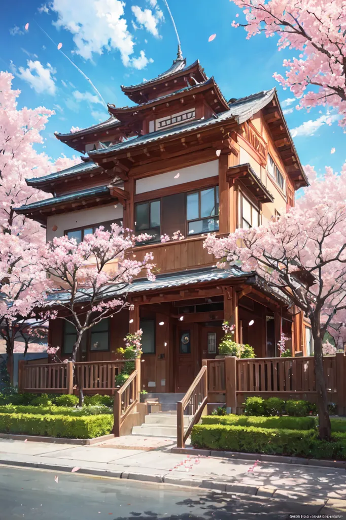 A imagem é uma bela casa japonesa com um telhado de estilo tradicional de pagode. A casa está rodeada por árvores de cerejeira em plena floração. As delicadas flores rosa e brancas estão espalhadas no chão como neve. Há um pequeno jardim na frente da casa com um caminho de pedra que leva à porta da frente. A casa é feita de madeira e tem um exterior branco com acabamentos pretos. As janelas são grandes e têm portadas de madeira. O telhado é feito de telhas pretas. A imagem é pacífica e serena, e captura a beleza da primavera japonesa.