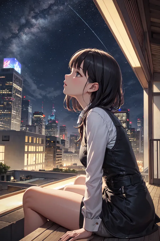 The image is a painting of a girl looking out over a city at night. The girl is sitting on a railing with her legs hanging off. She is wearing a white shirt, black vest, and black skirt. Her long brown hair is flowing in the wind. The city is in the background and is lit up by the lights of the buildings. The sky is dark and there are stars and a shooting star in the sky. The painting is in a realistic style and the colors are vibrant.