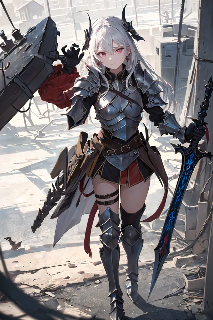 The image depicts a young woman with long white hair and red eyes. She is wearing a suit of silver armor and a red cape. She is also carrying a large sword. The woman is standing in a ruined city, and there are several large buildings in the background.