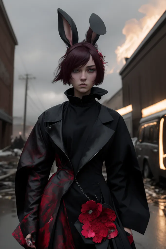 A woman with short red hair and rabbit ears is standing in a destroyed city. She is wearing a black coat with a red lining and a red flower on her chest. She has a serious expression on her face. There are ruins of buildings and a large fire in the background.