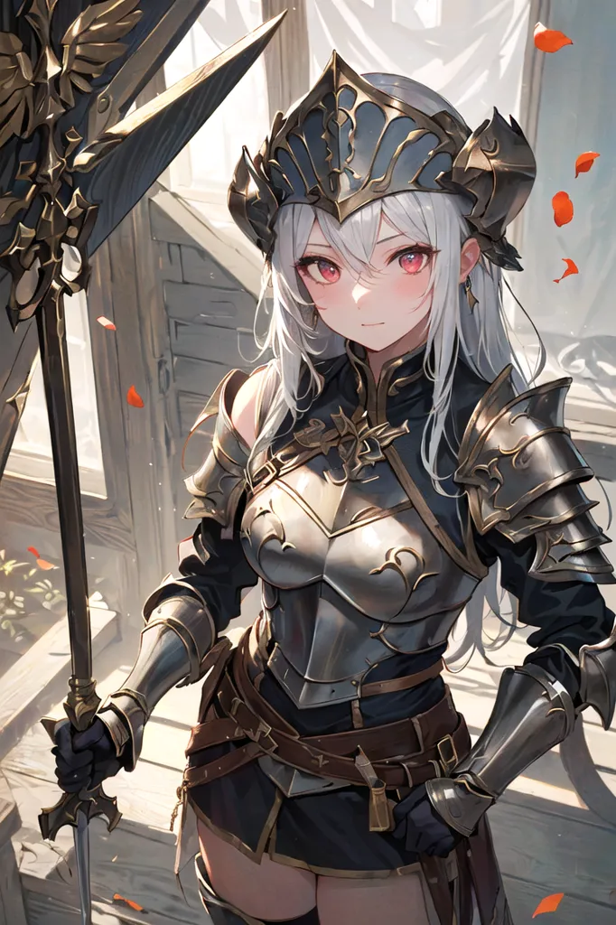 The image shows a female knight in full plate armor. She has long white hair and red eyes. She is holding a large sword in her right hand and a shield in her left hand. She is standing in front of a wooden door. There are some red petals falling around her.