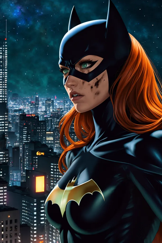 The image is of Batgirl, a superheroine from DC Comics. She is standing on a rooftop, looking out over a city. She is wearing a black and yellow batsuit, and her red hair is blowing in the wind. The city is in the background, and it is nighttime. There are a lot of lights on in the city, and the stars are out in the sky.