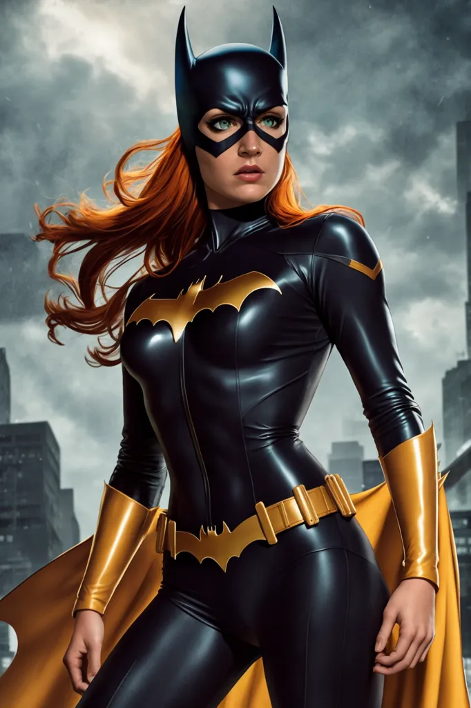 The image shows a woman dressed as Batgirl. She is wearing a black and yellow Batsuit with a cape. Her hair is long and red, and her eyes are blue. She is standing on a rooftop in front of a city skyline. The background is dark and cloudy.