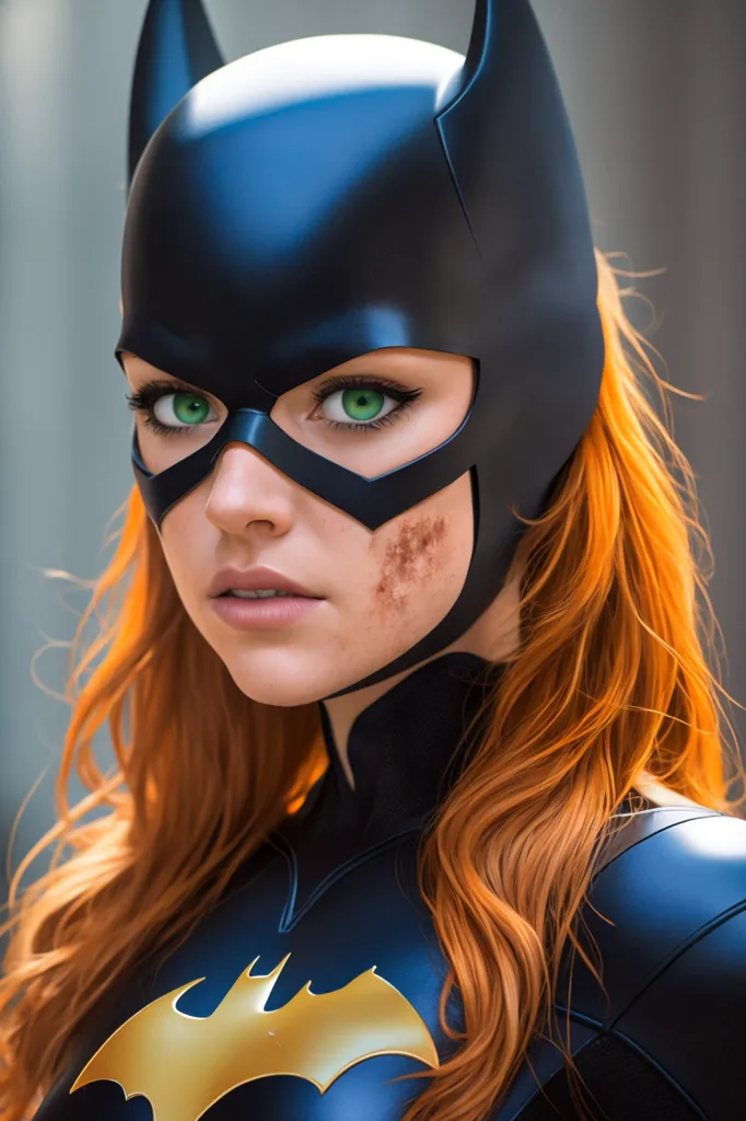 The image is a portrait of Batgirl, a superheroine from the DC Comics universe. She is wearing her iconic black and yellow batsuit and has her hair flowing out from under her cowl. Her eyes are a piercing green and her lips are slightly parted. She has a determined expression on her face and looks ready to take on any challenge. The background is a blurred out cityscape, which suggests that she is in the middle of a mission.