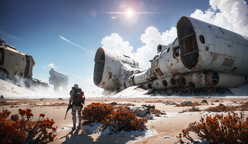 The image shows a post-apocalyptic landscape with a lone astronaut walking through the wreckage of a crashed spaceship. The astronaut is wearing a white spacesuit with a helmet on. He is carrying a gun. The spaceship is in pieces, and there are large pieces of debris scattered around. The ground is covered in sand and rocks. The sky is blue, and there are some clouds in the distance. The sun is shining brightly.