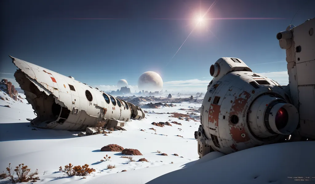 La imagen muestra una escena de dos naves espaciales destrozadas en un planeta desértico nevado. Las naves son de color blanco y gris, y están rodeadas de nieve y rocas. El sol brilla intensamente en el fondo y hay dos lunas en el cielo. La imagen es muy detallada y se puede ver el daño a las naves, así como la nieve y las rocas en el suelo.