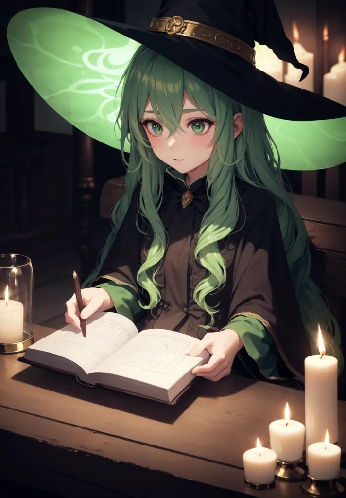 The image is of a young woman with long green hair and green eyes. She is wearing a black witch's hat with a green brim and a long black dress with green trim. She is sitting at a wooden table, writing in a book. There are several candles on the table, and a few bookshelves in the background.