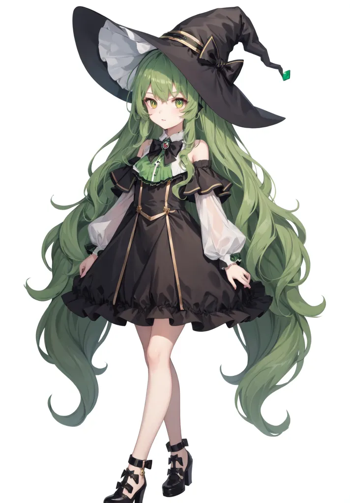 The image is of a young girl with long green hair and green eyes. She is wearing a black and green witch hat with a white ribbon and a black and green dress with a white collar. She is also wearing black shoes with green bows. She is standing with her left hand on her hip and her right hand hanging by her side. She has a small smile on her face.