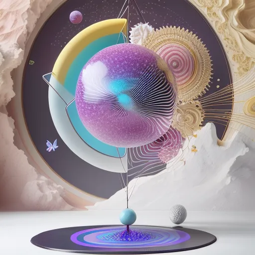 The image is a 3D rendering of a surreal and abstract scene. A large, pink sphere with a blue core is suspended in the center of the frame by a string that seems to be connected to a small, white sphere below it. The pink sphere is surrounded by a number of smaller, irregularly shaped objects, some of which are also suspended in the air while others are resting on the ground. The objects are all rendered in a realistic style, but the overall scene is dreamlike and otherworldly. The colors are soft and pastel, and the lighting is diffuse and even. The image has a sense of balance and symmetry, and it is visually pleasing.