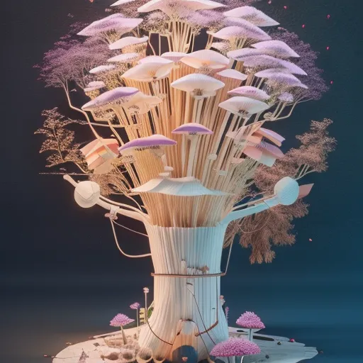 The image is a surreal depiction of a tree with a mushroom-like structure. The tree is composed of a light brown trunk with multiple caps that resemble mushrooms. The caps are various shades of purple and pink. The tree is surrounded by small, pink mushrooms. The background is dark blue, with a few specs of light.