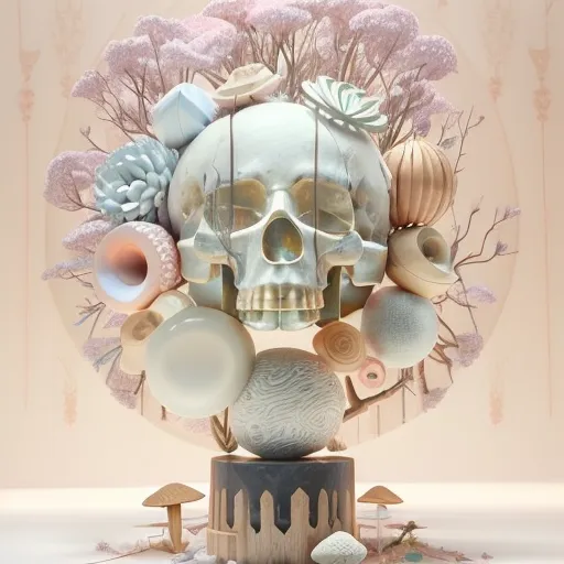 This is a 3D rendering of a skull made of white and pink materials. The skull is decorated with various objects, including pink flowers, mushrooms, and other natural elements. The skull is set against a pale pink background and is surrounded by a number of small, pink objects. The overall effect is one of beauty and elegance.