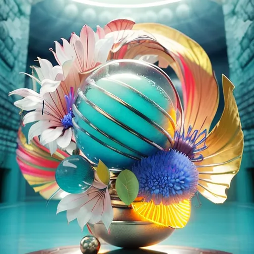 The image is a 3D rendering of a bouquet of flowers. The flowers are arranged in a circle around a central point. The flowers are of different colors, including pink, white, yellow, and blue. The flowers are also of different shapes and sizes. Some of the flowers are open, while others are closed. The bouquet is sitting on a pedestal. The background is a blue-green color. The image is very detailed and realistic.