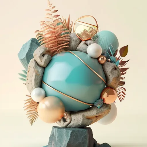 The image is a 3D rendering of a blue sphere with a copper band around it. The sphere is set on a gray rock base and surrounded by various objects. There are four small, white spheres, two copper-colored spheres, and two large, blue spheres. There are also several pieces of copper-colored foliage and two gray rocks. The objects are arranged in a way that suggests a sense of balance and harmony. The image has a soft, pastel color palette and a minimalist aesthetic.