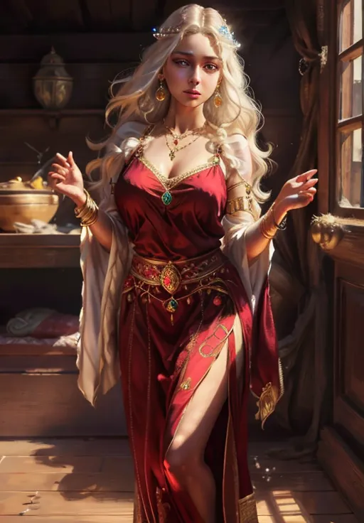 L'image montre une femme portant une robe rouge avec une fente haute, exposant sa jambe droite. La robe est décorée de pierres précieuses dorées et vertes. Elle porte également un collier en or et un couvre-chef en or. Ses longs cheveux blonds tombent sur son dos. Elle se tient dans une pièce avec une table en bois et une étagère à gauche.