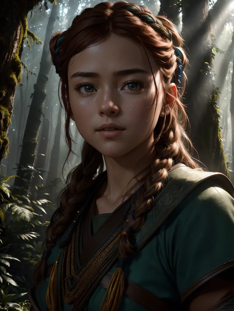 This image shows a young woman with long, braided red hair. She is wearing a green shirt and a brown leather vest. She is standing in a forest, and she is looking at the camera with a serious expression. The background of the image is blurry, but it looks like there are trees and plants behind her.