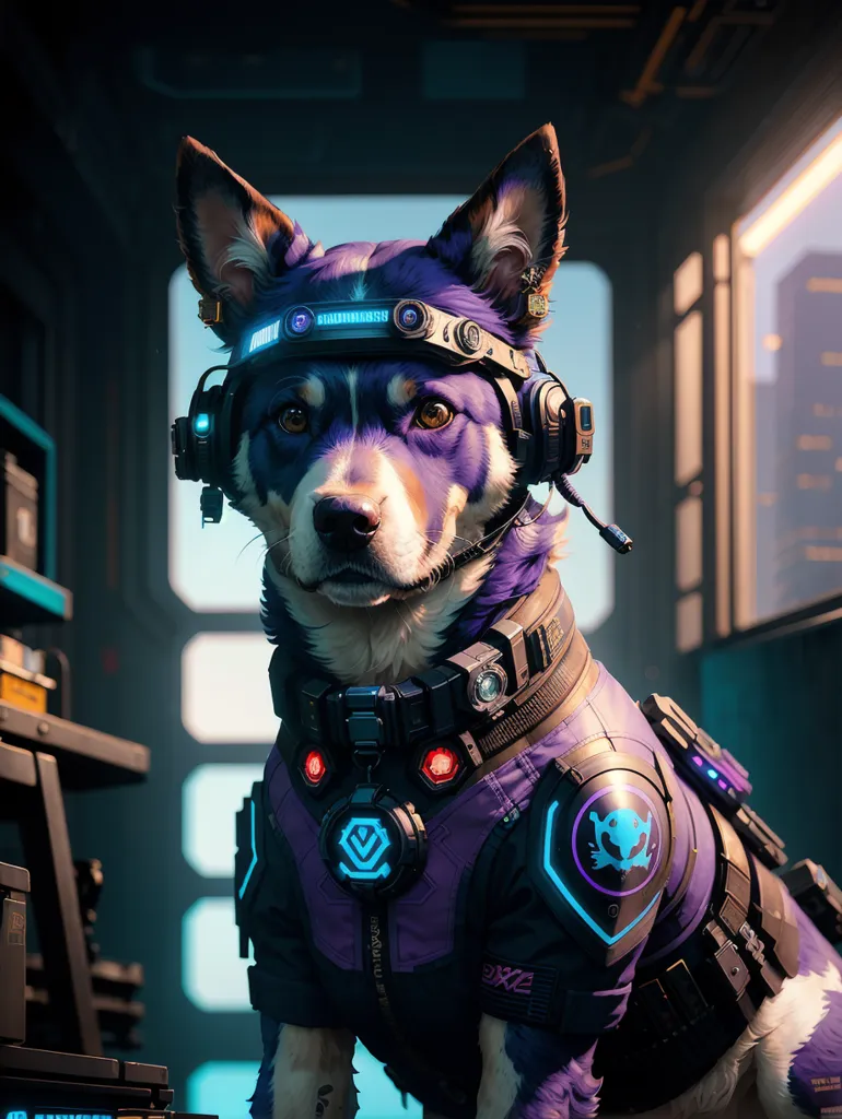 The image shows a purple and white dog wearing a high-tech suit of armor. The dog is sitting in a spaceship or other futuristic setting. The dog's armor has a number of gadgets and gizmos on it, including a helmet with a visor, a chest plate, and a backpack. The dog is also wearing a pair of headphones. The dog looks like it is ready for battle.