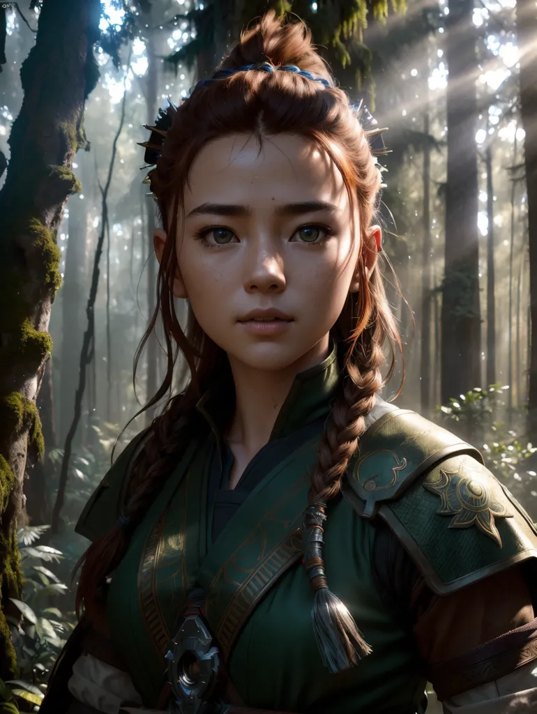 This image shows a young woman standing in a dense forest. She is wearing a green tunic and brown leather armor. She has a sword on her hip and a bow and quiver of arrows on her back. Her hair is braided and she has a circlet of leaves in her hair. She is looking at the viewer with a serious expression on her face. The background is a blur of green leaves and trees.