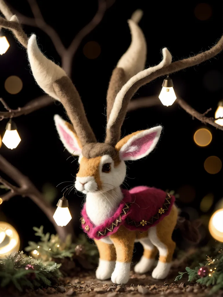 The image shows a small, fantastical creature standing in a dark forest. The creature has the body of a rabbit, but the ears of a deer. Its fur is brown and white, and it has a pink nose. It is wearing a purple cape with gold trim. The creature is standing in front of a tree, and there are several small lights hanging from the branches of the tree. The lights are shaped like flowers. The creature is looking at the lights with a curious expression on its face.