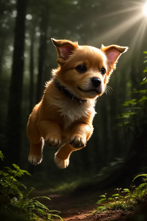 This is a photo of a puppy leaping through the air in the woods. The puppy is brown and white, and it has a black collar. It is running with its tongue out and its ears are flapping in the wind. The background is a blur of green trees and brown leaves. The puppy is in mid-stride, and it looks like it is having a lot of fun.