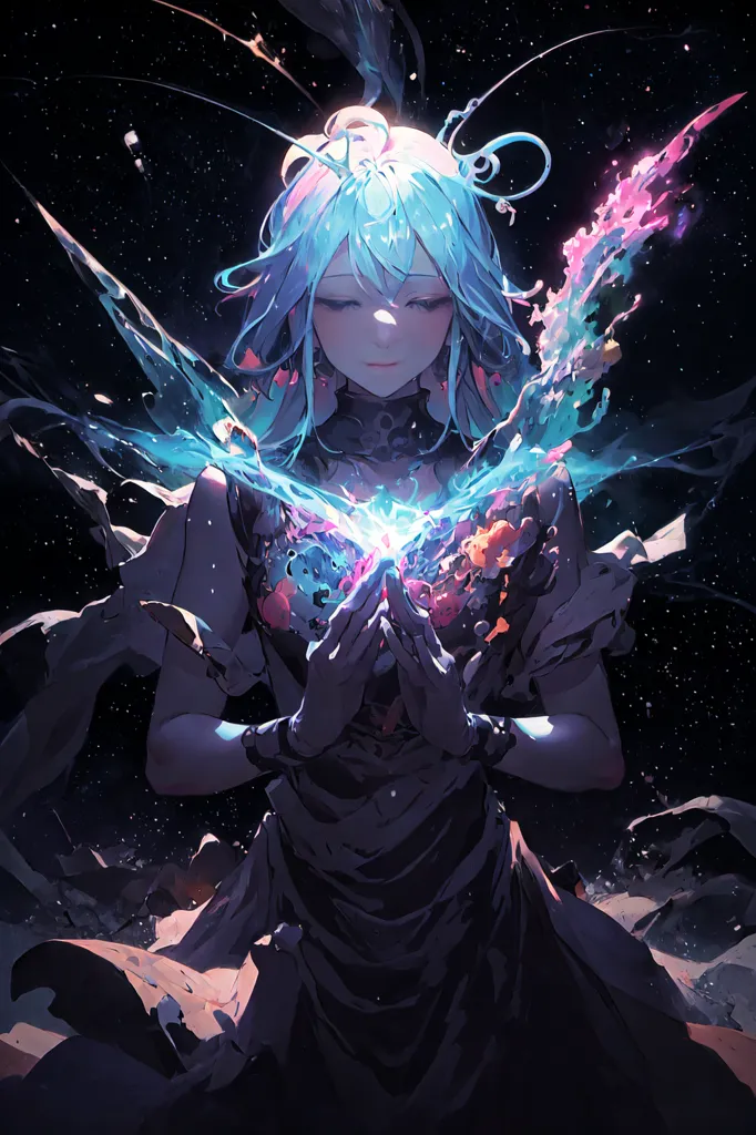 The image is of an anime-style girl with long, flowing blue hair. She is wearing a black dress with a white collar. She has her eyes closed and is holding a glowing blue heart-shaped object in her hands. The background is dark with a starry night sky.