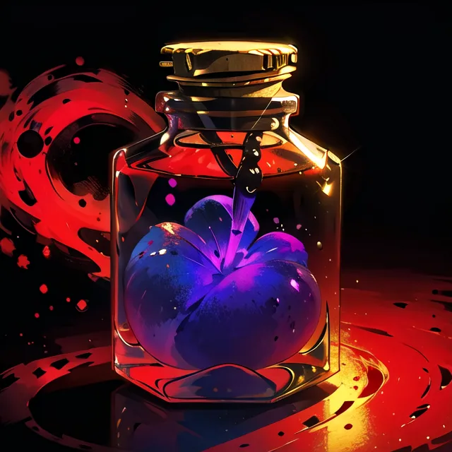 The image is a digital painting of a glass jar with a golden lid. Inside the jar is a blue flower with purple petals. The jar is sitting on a red surface with a dark background. The image is highly stylized, with a painterly quality. The colors are vibrant and saturated, and the brushstrokes are visible. The image has a surreal and dreamlike quality.