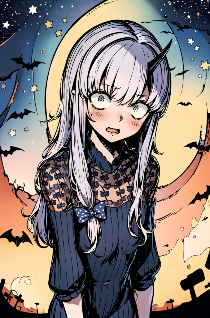 The image is of an anime girl with long silver hair and purple eyes. She is wearing a black dress with a white collar and a blue bow. She has a surprised expression on her face and is looking at the viewer with her mouth slightly open. There are bats and stars in the background.