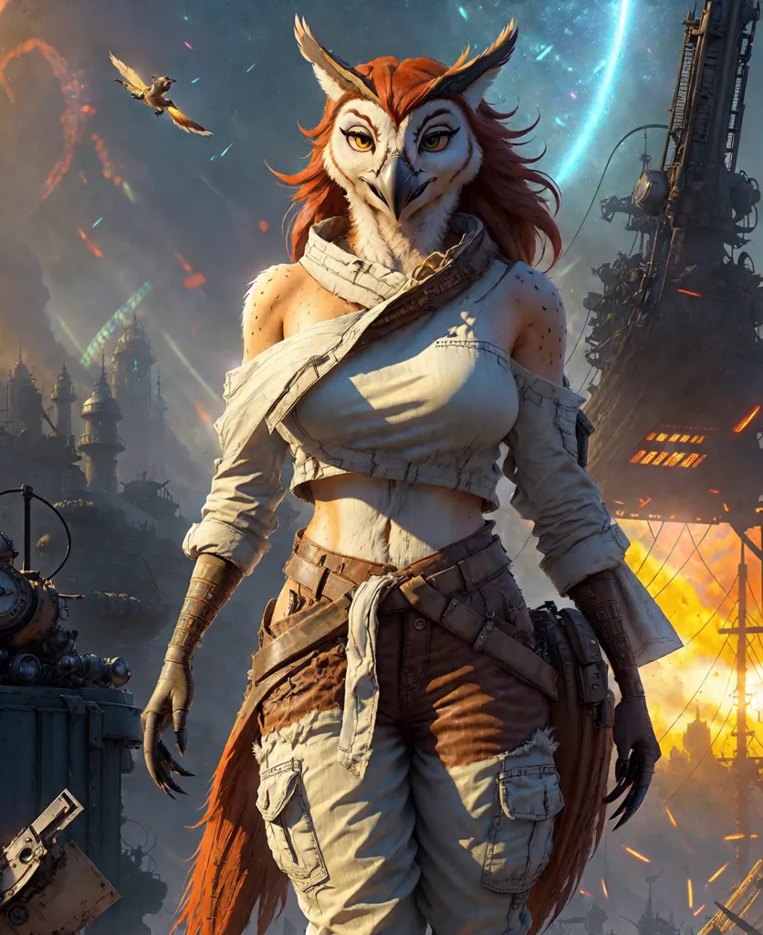 This image is of a female owl-like creature. She is standing in a post-apocalyptic city. She is wearing a white shirt, brown pants, and a brown belt. She has a quiver of arrows on her back and a sword on her hip. She is looking at the viewer with a determined expression. The background is a ruined city with explosions and smoke in the distance.