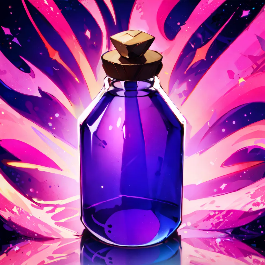 The image is a digital painting of a magic potion. The potion is contained in a glass bottle with a golden lid. The bottle is decorated with intricate designs and appears to be glowing with a magical light. The background is a swirling mass of purple and pink energy.