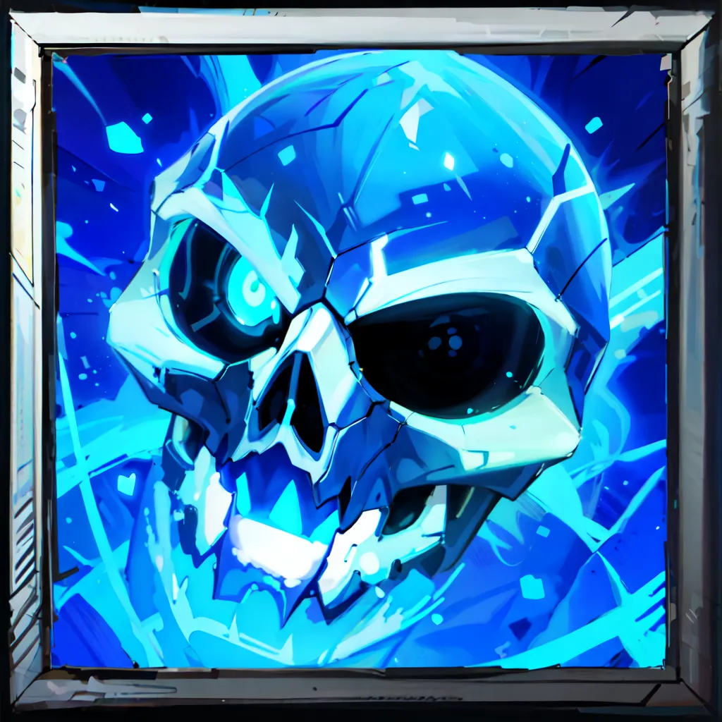 The image is a blue skull with glowing white eyes and mouth. The skull is surrounded by blue flames. The skull is in a grey frame with rivets in each corner.