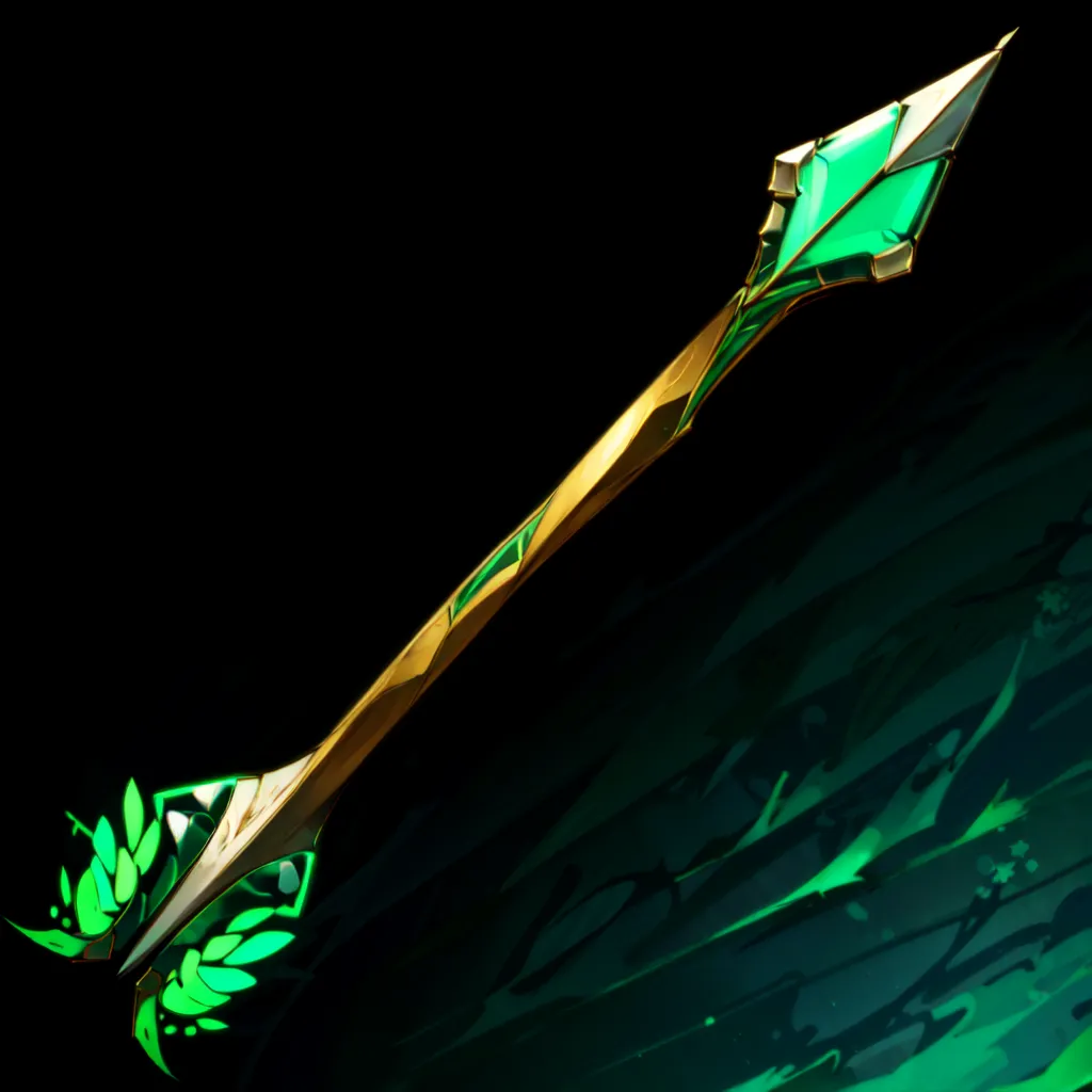 The image is of a golden staff with a green crystal on the top. The staff is also decorated with green leaves. The staff is shown against a dark green background.